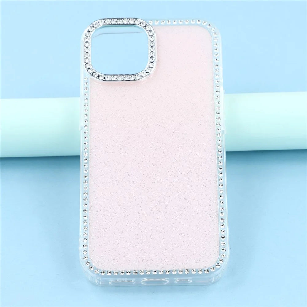 For iPhone 15 Case Rhinestone Edge Glitter Back TPU + PC IMD Phone Cover - Glitter Light Pink - 6