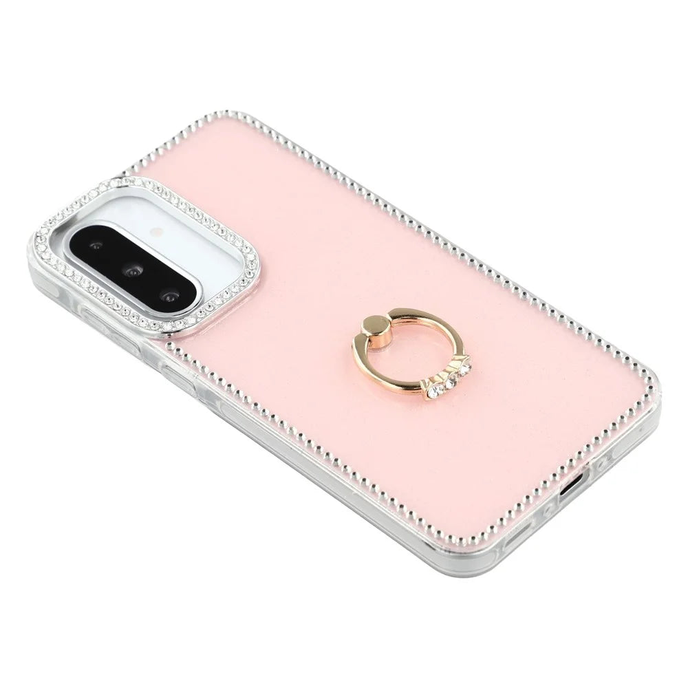 For Samsung Galaxy A26 5G Case with Ring Kickstand Rhinestone Edge TPU + PC IMD Phone Cover - Glitter Light Pink - 5