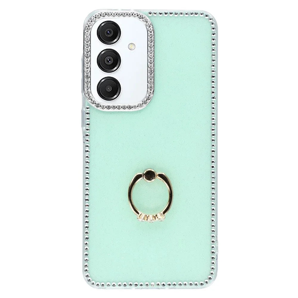 For Samsung Galaxy A55 5G Case with Ring Kickstand Rhinestone Edge TPU + PC IMD Phone Cover - Glitter Light Green - 1