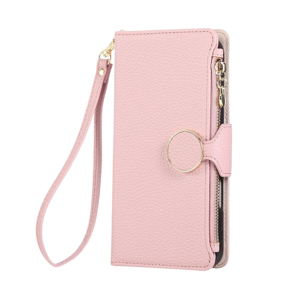 For iPhone 18 Pro Max / 17 Pro Max Case Zipper Wallet Leather Phone Cover with Wrist Strap - Pink - 7