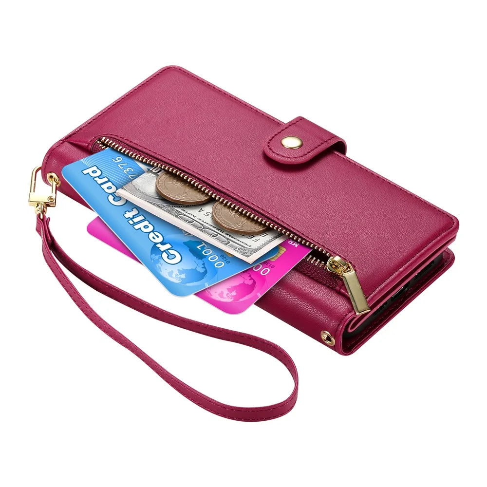 For iPhone 18 Pro Max / 17 Pro Max Case Zipper Pocket Wallet Leather Phone Cover with Straps - Red - 6
