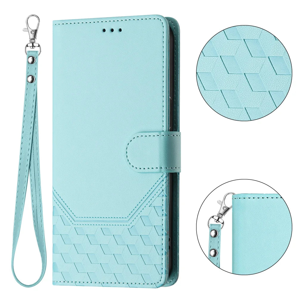 For iPhone 18 Pro / 17 Pro Case Imprinted Honeycomb RFID Blocking Leather Phone Cover with Strap - Mint Green - 4