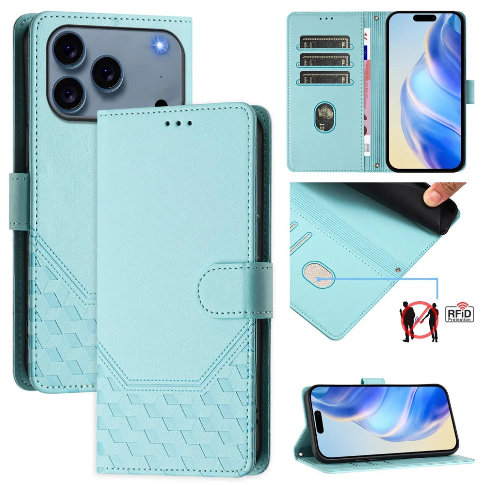 For iPhone 18 Pro / 17 Pro Case Imprinted Honeycomb RFID Blocking Leather Phone Cover with Strap - Mint Green - 5