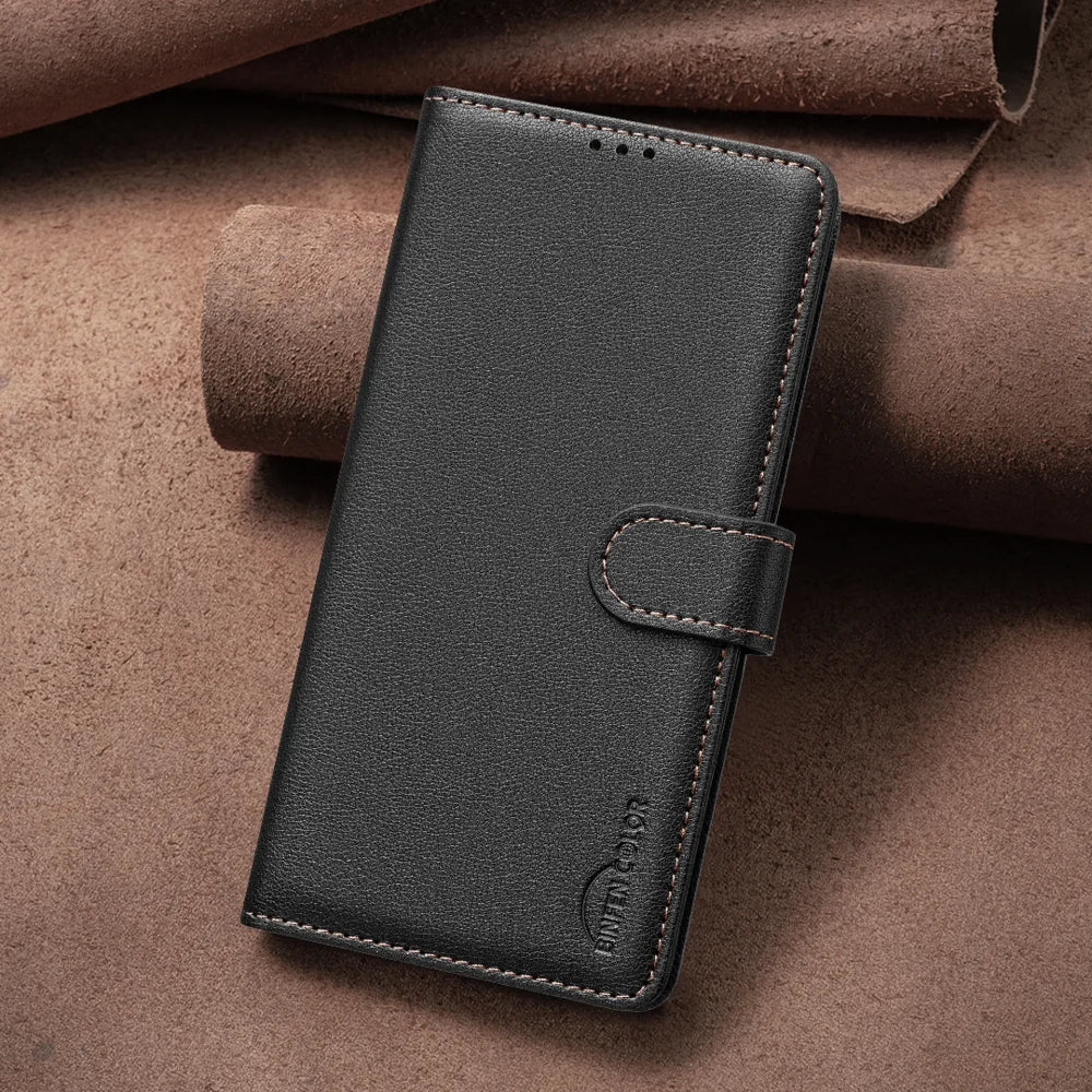 BINFEN COLOR For iPhone 18 Pro / 17 Pro Leather Case BF32 Wallet RFID Blocking Phone Cover - Black - 6