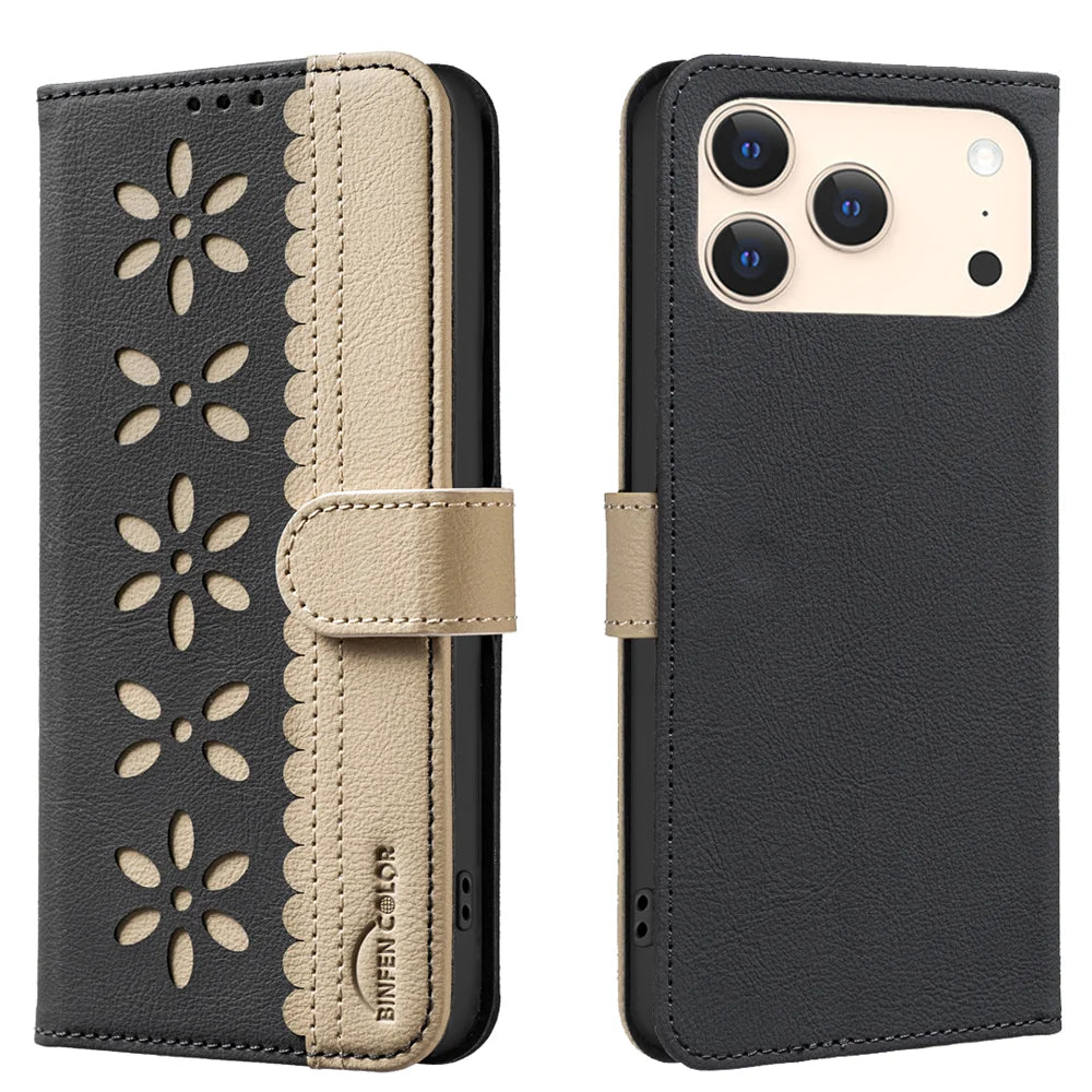 BINFEN COLOR For iPhone 18 Pro / 17 Pro Leather Case BF36 Floral Pattern Phone Cover RFID Blocking Wallet Stand - Black - 1