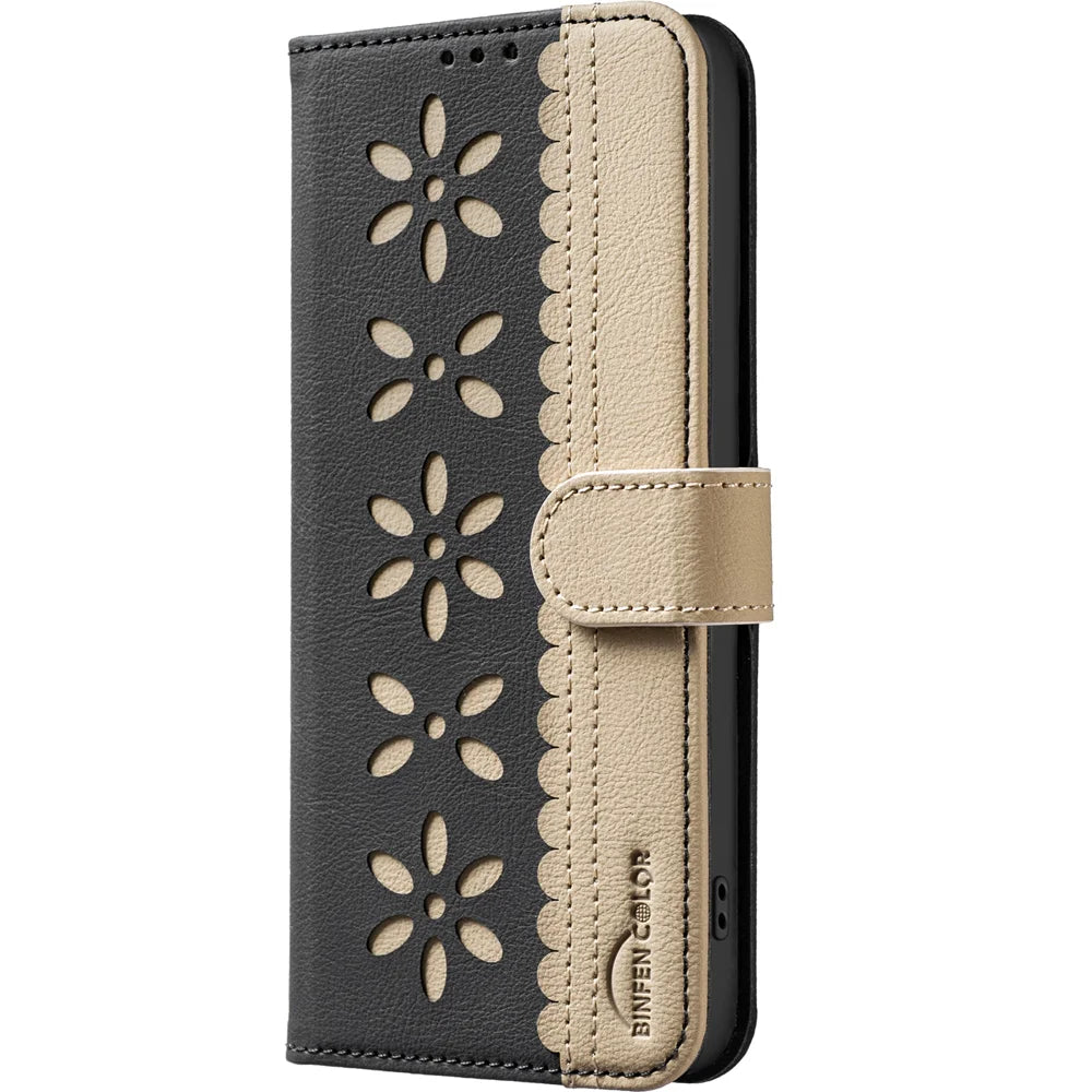 BINFEN COLOR For iPhone 18 Pro / 17 Pro Leather Case BF36 Floral Pattern Phone Cover RFID Blocking Wallet Stand - Black - 2