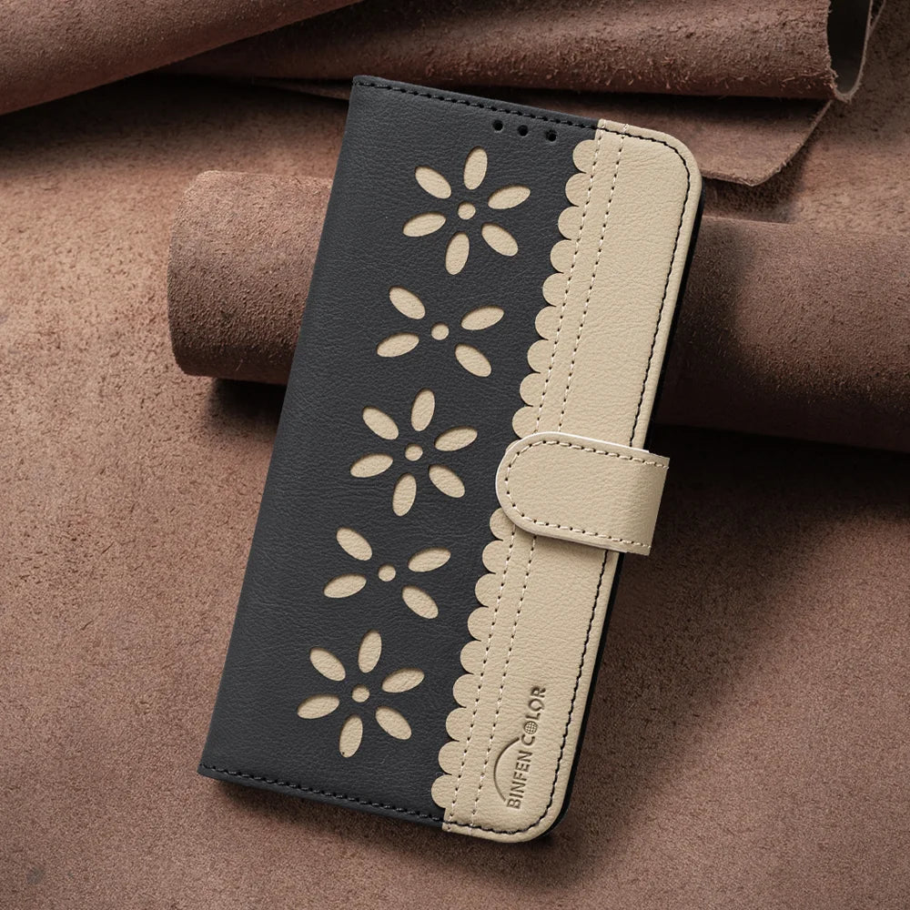 BINFEN COLOR For iPhone 18 Pro / 17 Pro Leather Case BF36 Floral Pattern Phone Cover RFID Blocking Wallet Stand - Black - 6