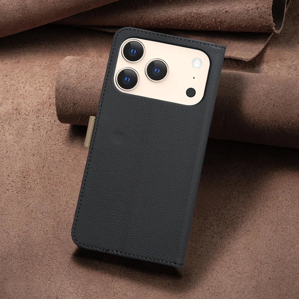 BINFEN COLOR For iPhone 18 Pro / 17 Pro Leather Case BF36 Floral Pattern Phone Cover RFID Blocking Wallet Stand - Black - 7