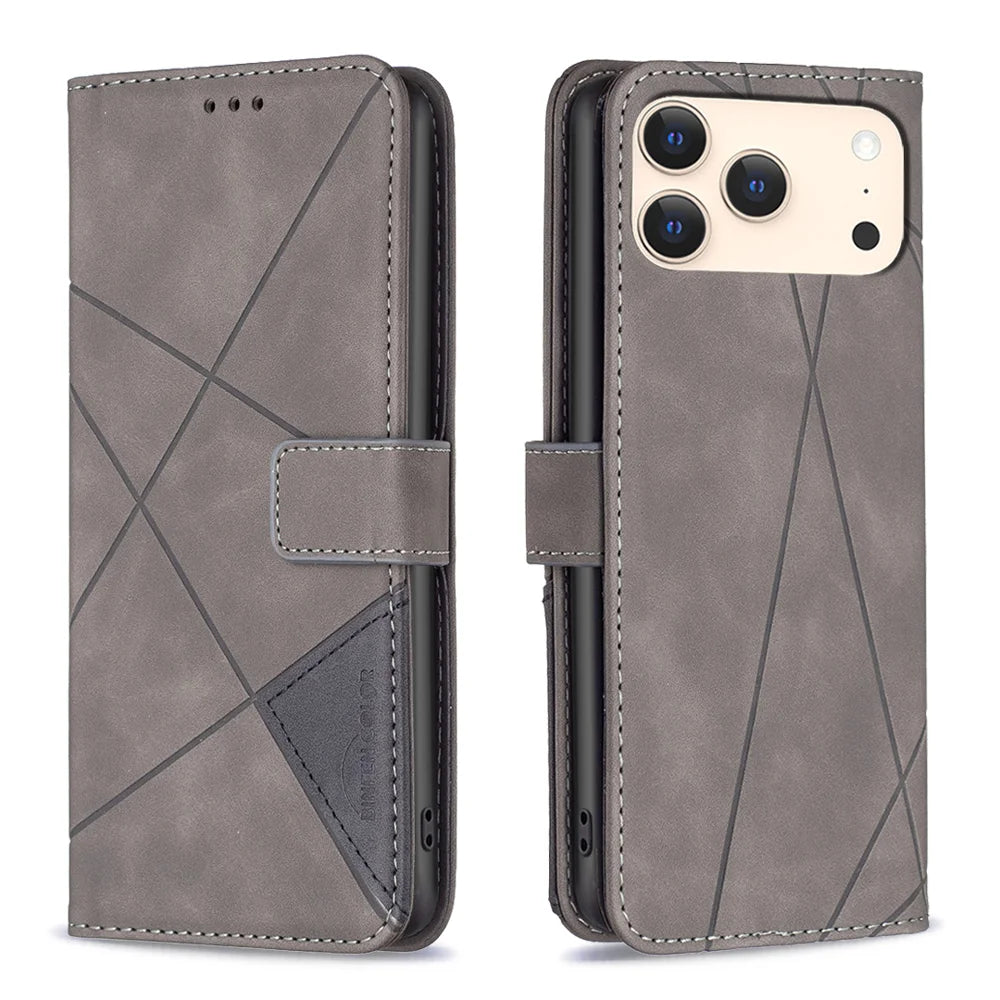 BINFEN COLOR For iPhone 18 Pro / 17 Pro Phone Case Wallet Stand Geometry Imprinted Leather Cover - Grey - 1