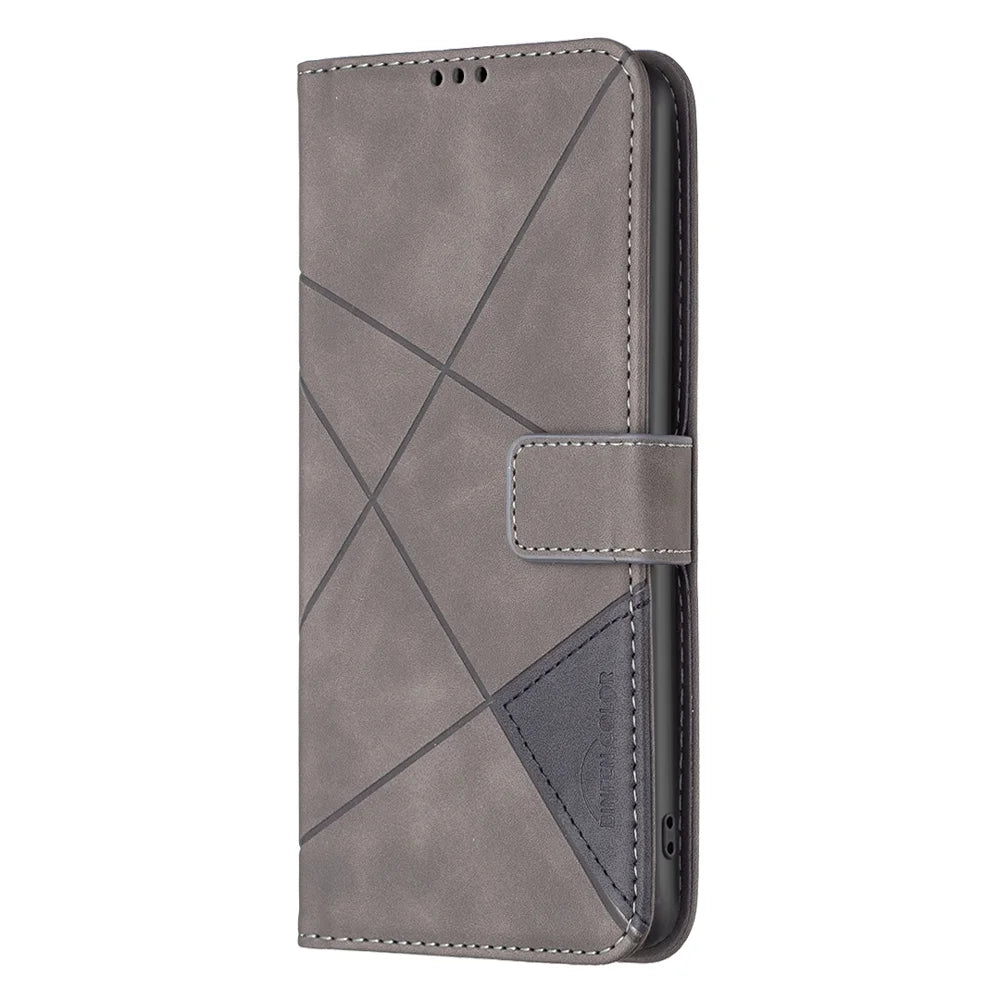 BINFEN COLOR For iPhone 18 Pro / 17 Pro Phone Case Wallet Stand Geometry Imprinted Leather Cover - Grey - 2