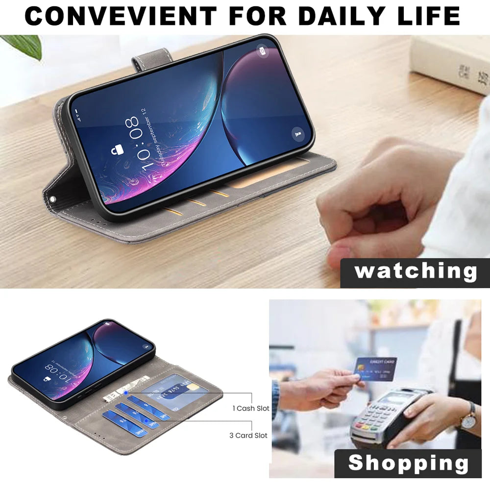 BINFEN COLOR For iPhone 18 Pro / 17 Pro Phone Case Wallet Stand Geometry Imprinted Leather Cover - Grey - 5