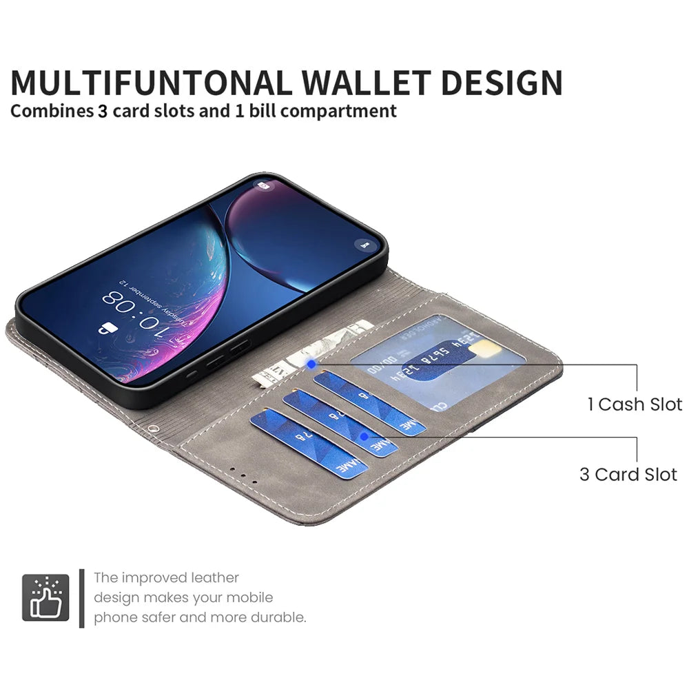 BINFEN COLOR For iPhone 18 Pro / 17 Pro Phone Case Wallet Stand Geometry Imprinted Leather Cover - Grey - 7