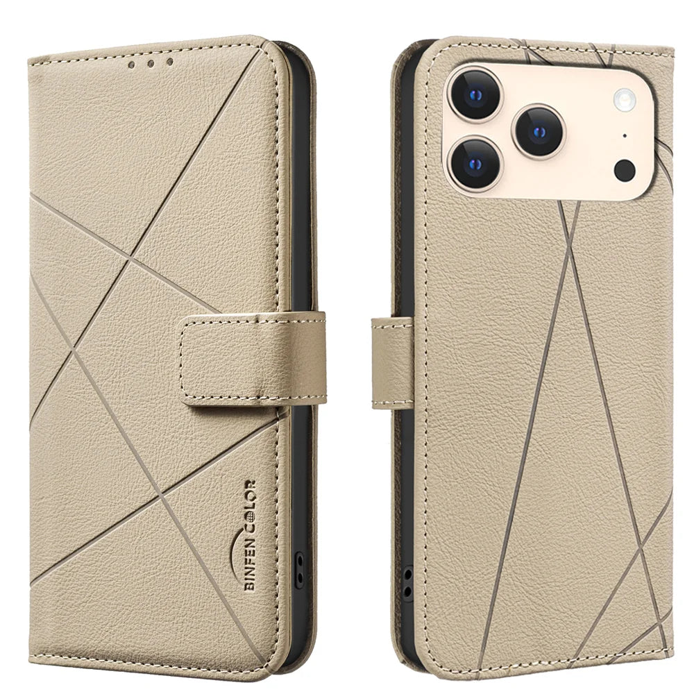 BINFEN COLOR For iPhone 18 Pro / 17 Pro Case BF35 Geometry Imprinted Leather Phone Cover RFID Blocking Wallet Stand - Beige - 1