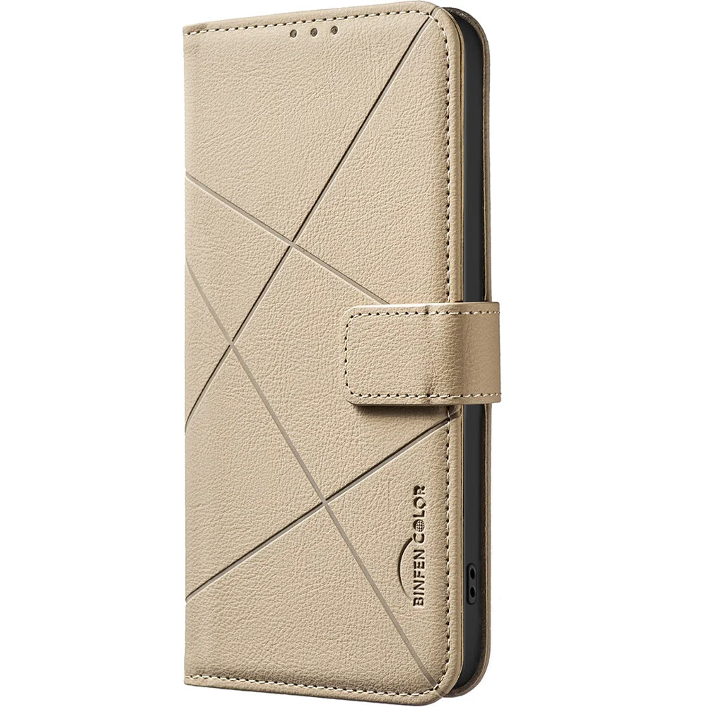 BINFEN COLOR For iPhone 18 Pro / 17 Pro Case BF35 Geometry Imprinted Leather Phone Cover RFID Blocking Wallet Stand - Beige - 2