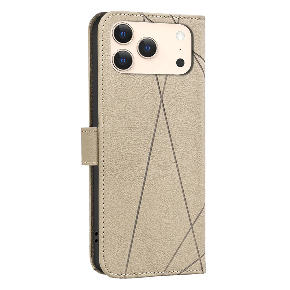 BINFEN COLOR For iPhone 18 Pro / 17 Pro Case BF35 Geometry Imprinted Leather Phone Cover RFID Blocking Wallet Stand - Beige - 3