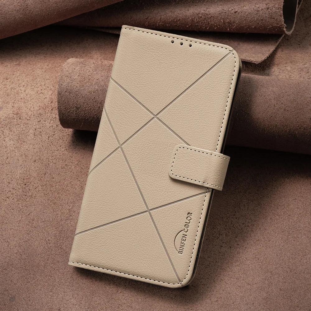 BINFEN COLOR For iPhone 18 Pro / 17 Pro Case BF35 Geometry Imprinted Leather Phone Cover RFID Blocking Wallet Stand - Beige - 6