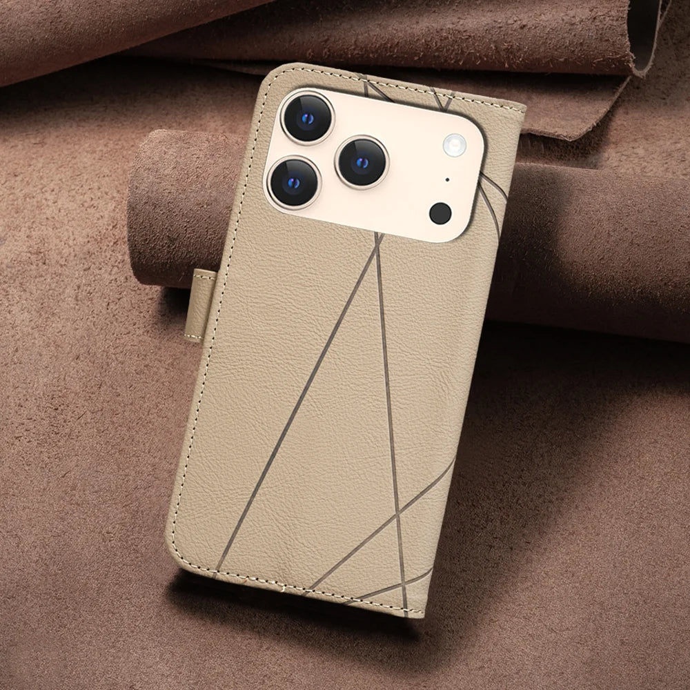 BINFEN COLOR For iPhone 18 Pro / 17 Pro Case BF35 Geometry Imprinted Leather Phone Cover RFID Blocking Wallet Stand - Beige - 7