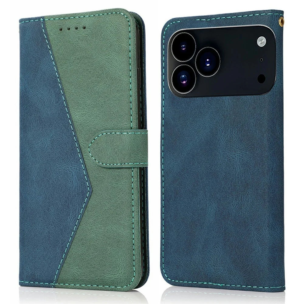 For iPhone 18 Pro Max / 17 Pro Max Case Color Splicing Wallet Stand Leather Phone Cover with Wrist Strap - Blue / Green - 1