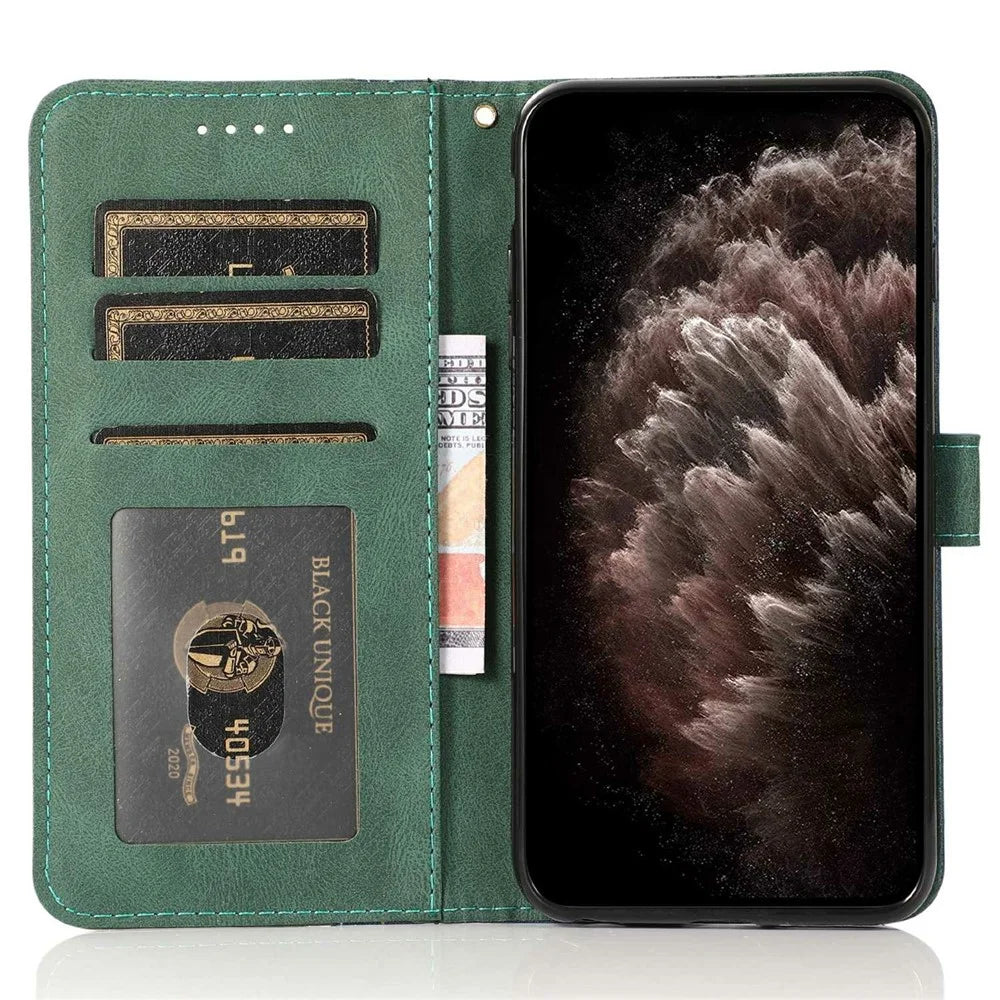 For iPhone 18 Pro Max / 17 Pro Max Case Color Splicing Wallet Stand Leather Phone Cover with Wrist Strap - Blue / Green - 2