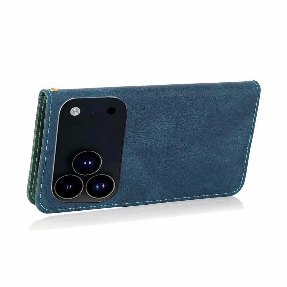 For iPhone 18 Pro Max / 17 Pro Max Case Color Splicing Wallet Stand Leather Phone Cover with Wrist Strap - Blue / Green - 4