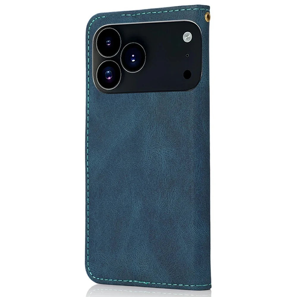 For iPhone 18 Pro Max / 17 Pro Max Case Color Splicing Wallet Stand Leather Phone Cover with Wrist Strap - Blue / Green - 6