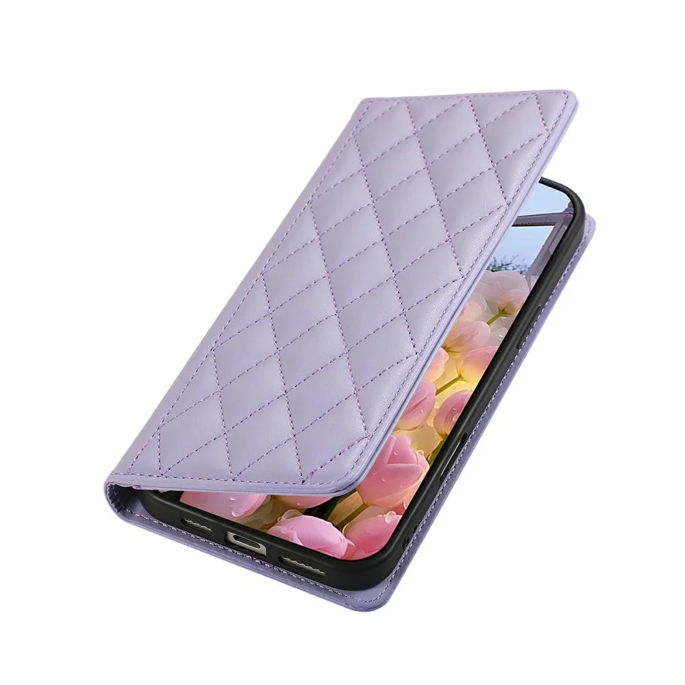 For iPhone 18 Pro / 17 Pro Case RFID Blocking Wallet Stand Rhombus Leather Phone Cover with Wrist Strap - Purple - 5