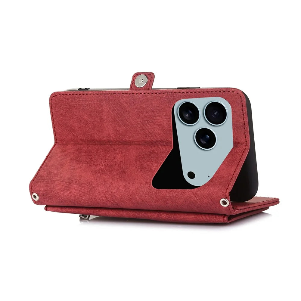 For iPhone 18 Pro Max / 17 Pro Max Case Zipper Pocket 9 Card Slots PU Leather Phone Cover with Wrist Strap - Red - 2
