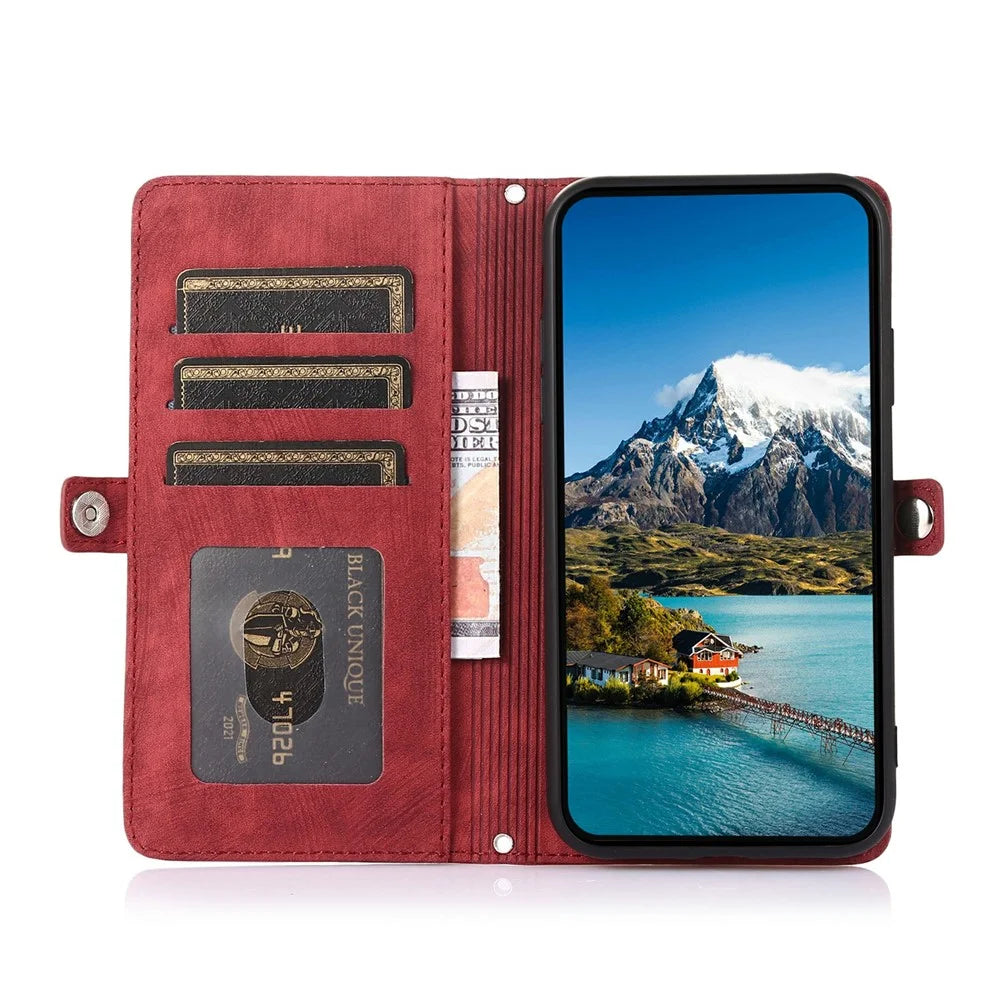 For iPhone 18 Pro Max / 17 Pro Max Case Zipper Pocket 9 Card Slots PU Leather Phone Cover with Wrist Strap - Red - 4
