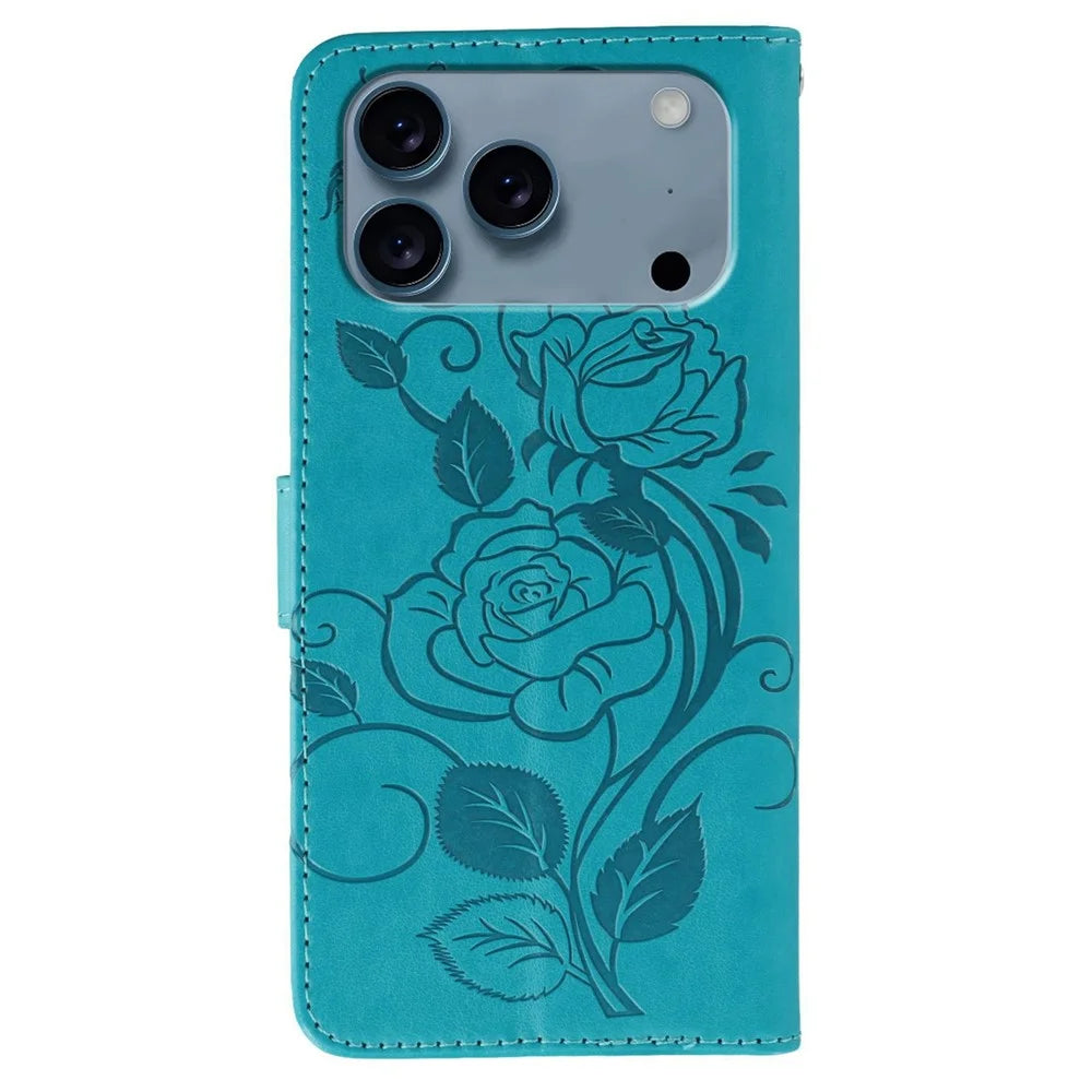 For iPhone 18 Pro / 17 Pro Case Wallet Stand Imprinted Rose Butterfly PU Leather Phone Cover - Blue - 5
