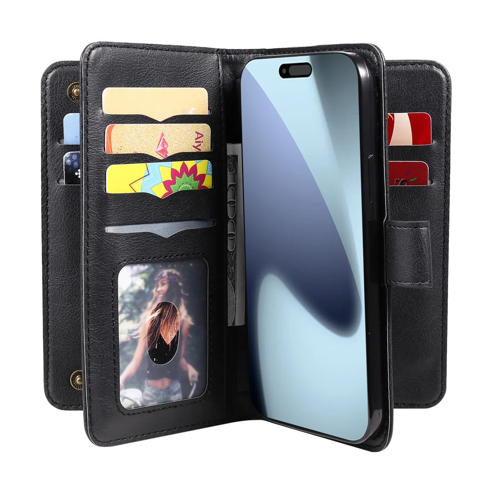 For iPhone 18 Pro Max / 17 Pro Max Leather Case with 10 Card Holder Phone Cover Stand - Black - 5
