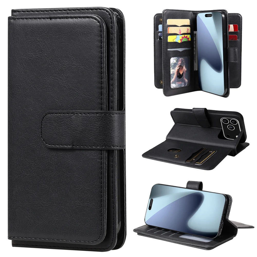 For iPhone 18 Pro / 17 Pro Leather Case with 10 Card Holder Phone Cover Stand - Black - 1