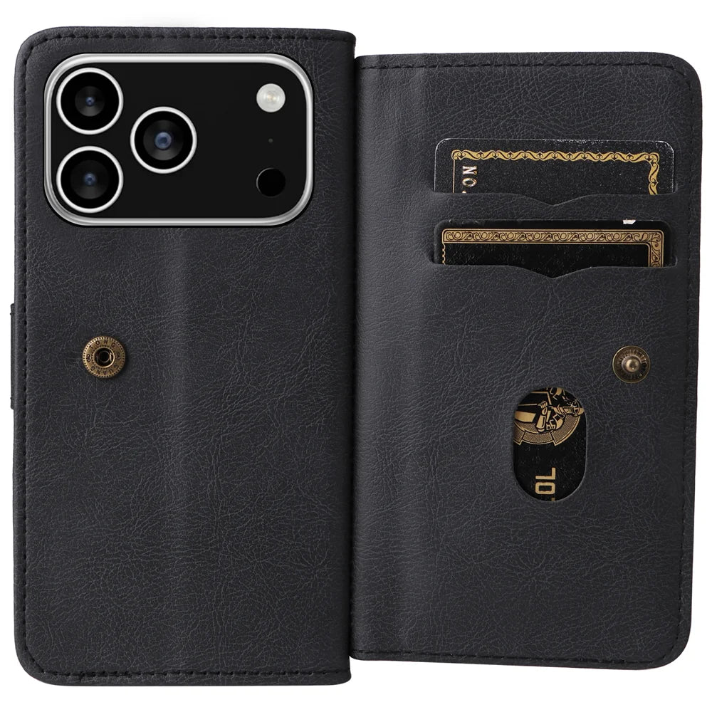For iPhone 18 Pro / 17 Pro Leather Case with 10 Card Holder Phone Cover Stand - Black - 2