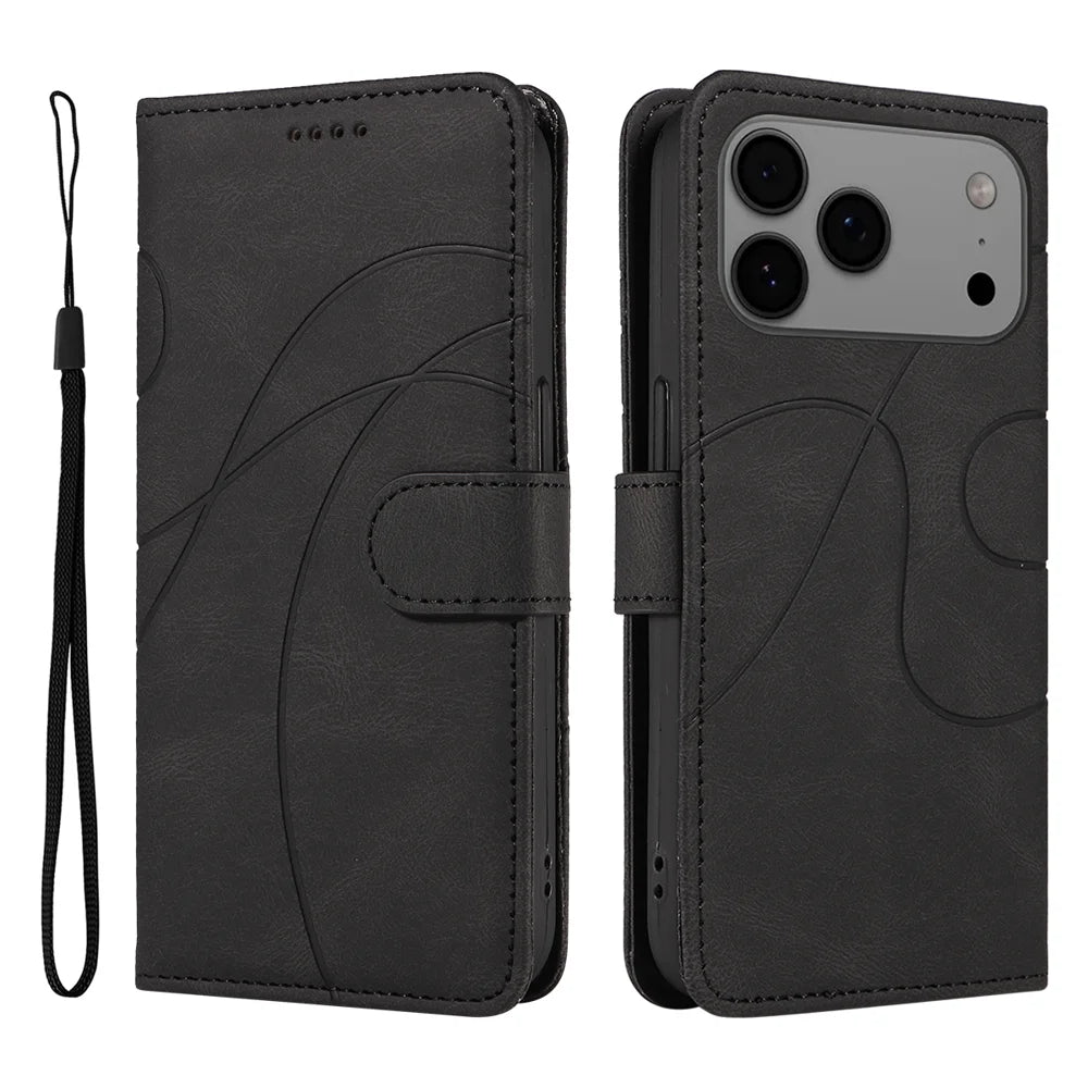 For iPhone 18 Pro Max / 17 Pro Max Wallet Case Leather Phone Cover Stand with Curved Line Design - Black - 1