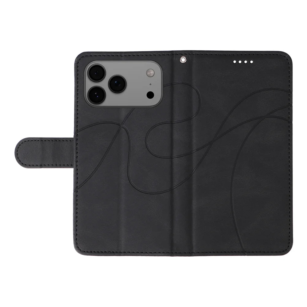 For iPhone 18 Pro Max / 17 Pro Max Wallet Case Leather Phone Cover Stand with Curved Line Design - Black - 3