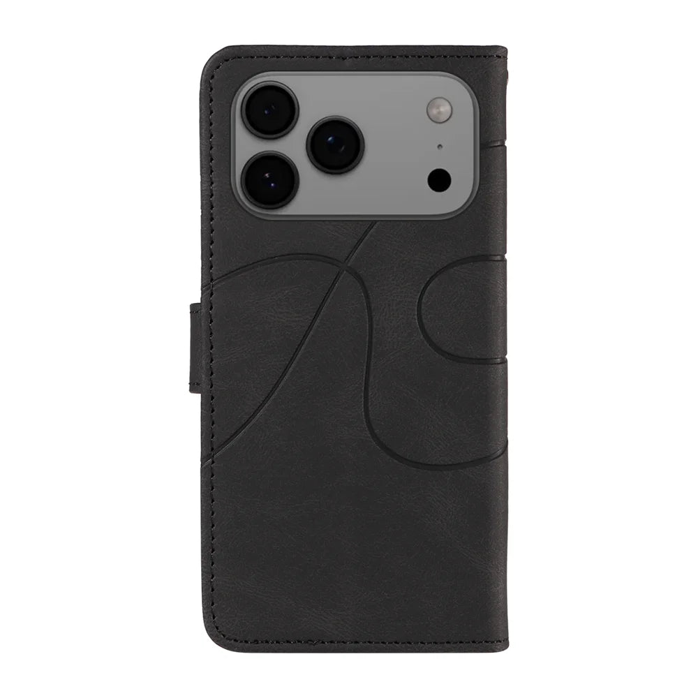For iPhone 18 Pro Max / 17 Pro Max Wallet Case Leather Phone Cover Stand with Curved Line Design - Black - 6