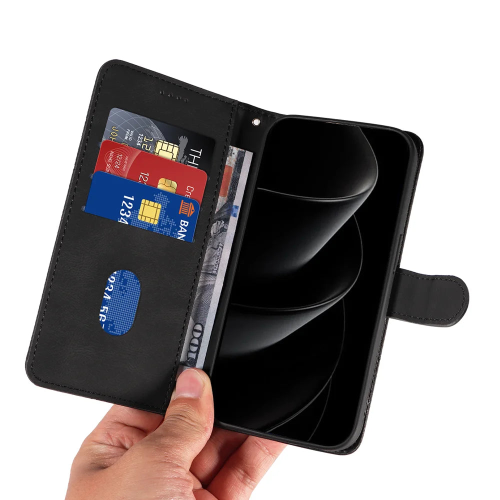 For iPhone 18 Pro Max / 17 Pro Max Wallet Case Leather Phone Cover Stand with Curved Line Design - Black - 7