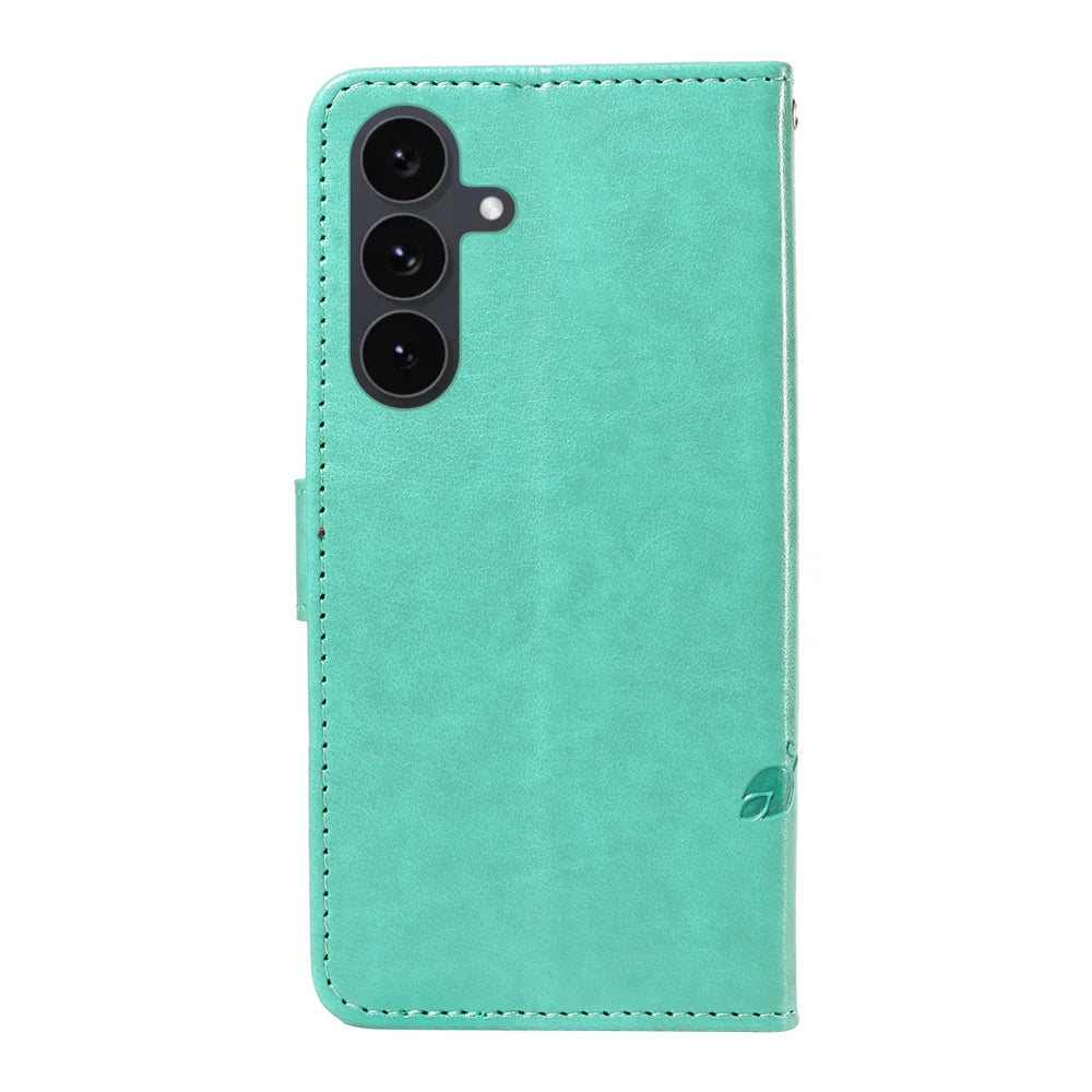 For Samsung Galaxy S25 FE PU Leather Cases Flower Pattern Wallet Stand Phone Cover with Strap - Green - 6