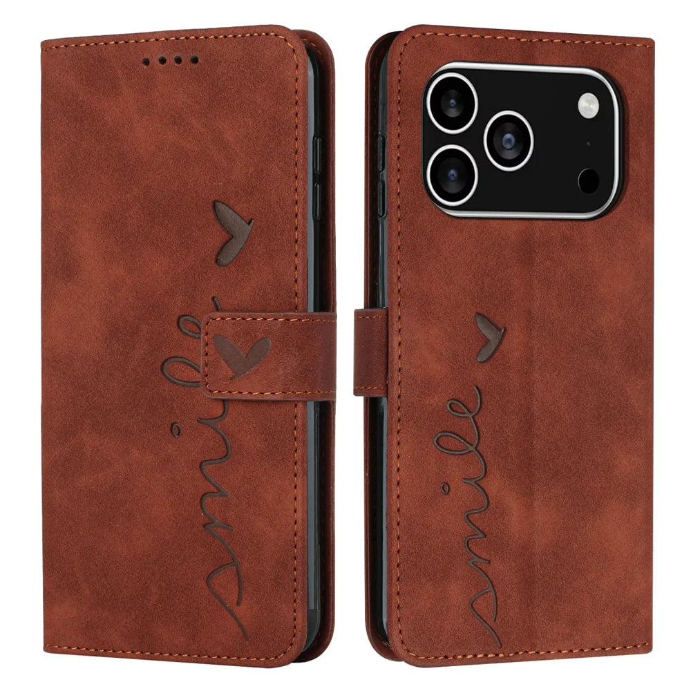 For iPhone 18 Pro / 17 Pro Stand Case PU Leather Phone Cover Imprinted Heart Pattern - Brown - 1