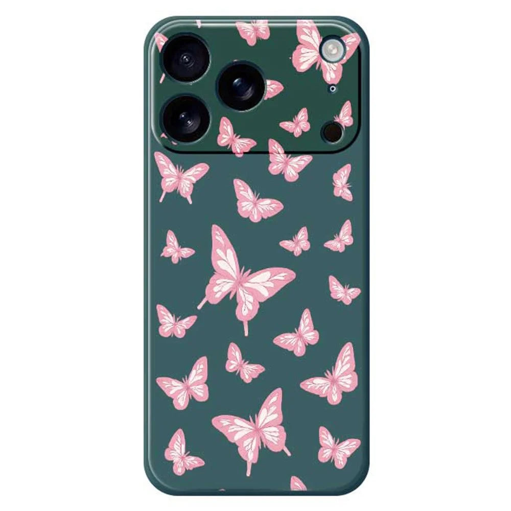 For iPhone 18 Pro / 17 Pro Case Pink Butterflies Pattern Printing Straight Edge TPU Phone Back Cover - Green - 1