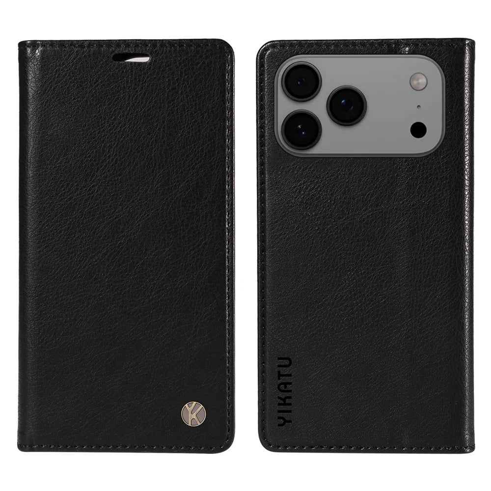 YIKATU For iPhone 18 Pro Max / 17 Pro Max Wallet Case YK-006 Magnetic Closure Leather Phone Cover Litchi Texture - Black - 1