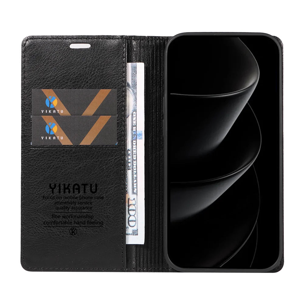 YIKATU For iPhone 18 Pro Max / 17 Pro Max Wallet Case YK-006 Magnetic Closure Leather Phone Cover Litchi Texture - Black - 2