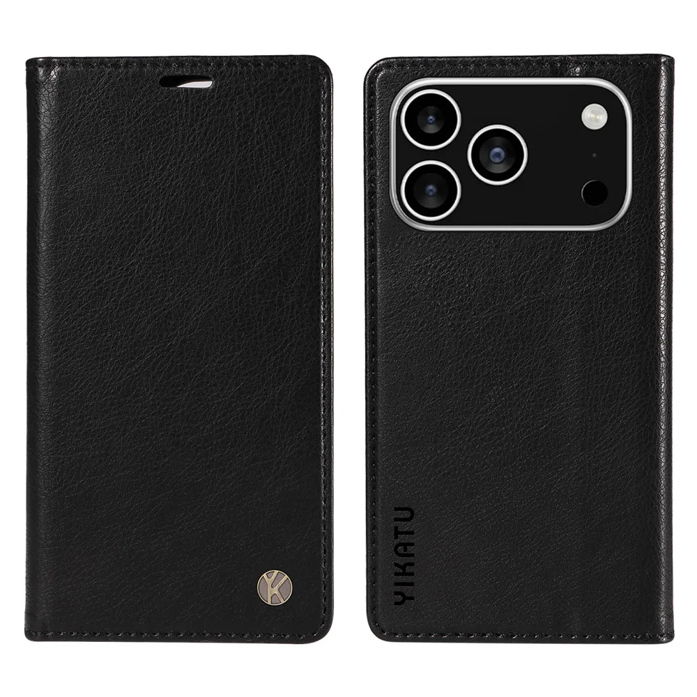 YIKATU For iPhone 18 Pro / 17 Pro Wallet Case YK-006 Magnetic Closure Leather Phone Cover Litchi Texture - Black - 1