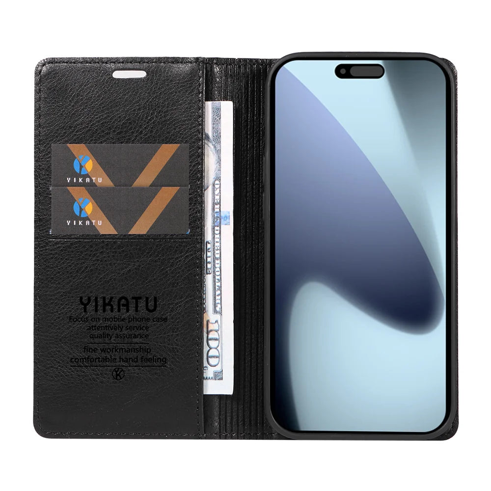 YIKATU For iPhone 18 Pro / 17 Pro Wallet Case YK-006 Magnetic Closure Leather Phone Cover Litchi Texture - Black - 2