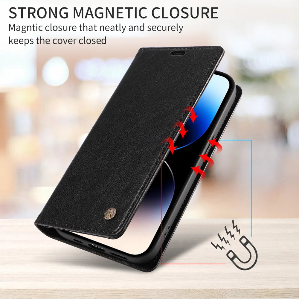 YIKATU For iPhone 18 Pro / 17 Pro Wallet Case YK-006 Magnetic Closure Leather Phone Cover Litchi Texture - Black - 5