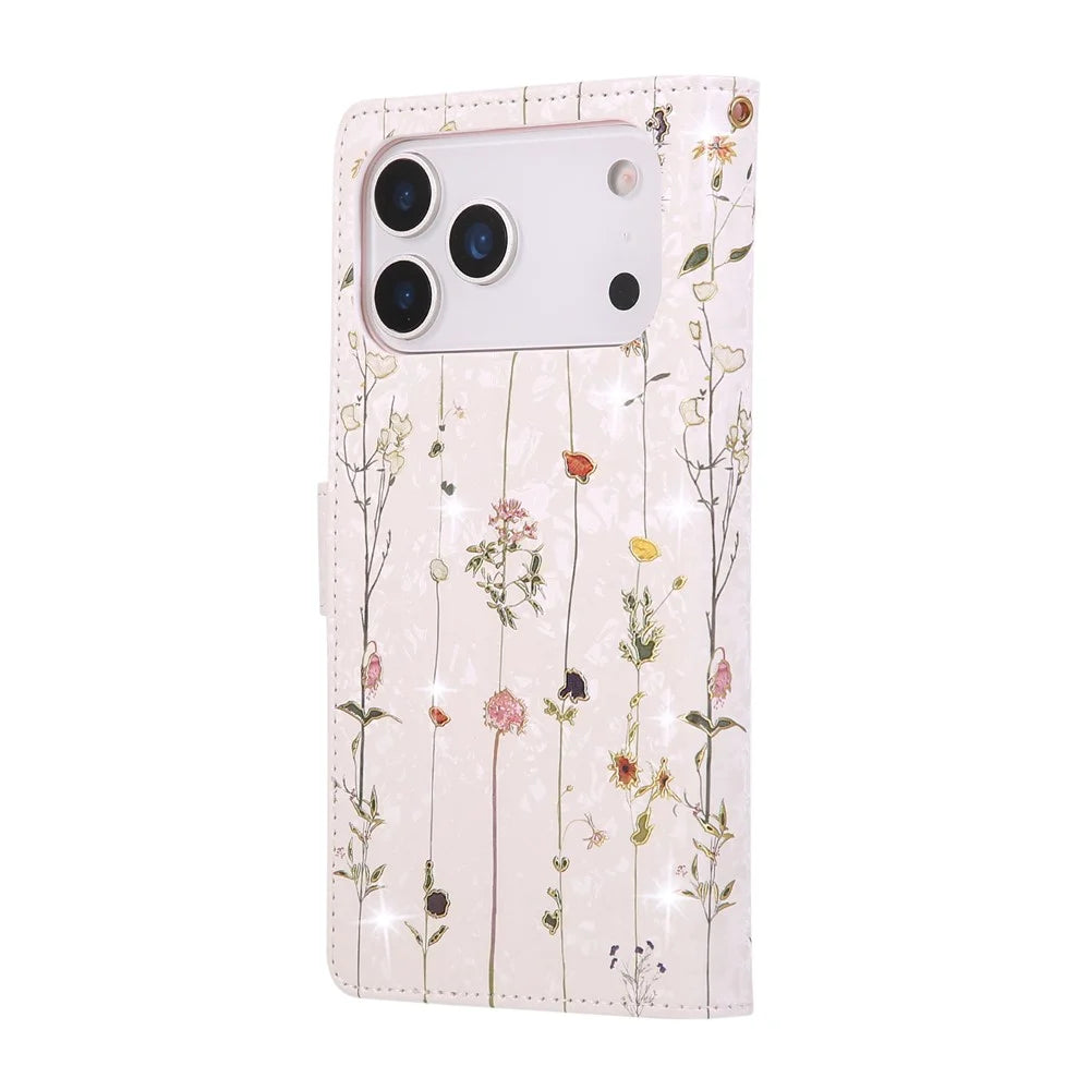 For iPhone 18 Pro / 17 Pro Case RFID Blocking Flower Leather Phone Cover with Wrist Strap - Small Flower - 6