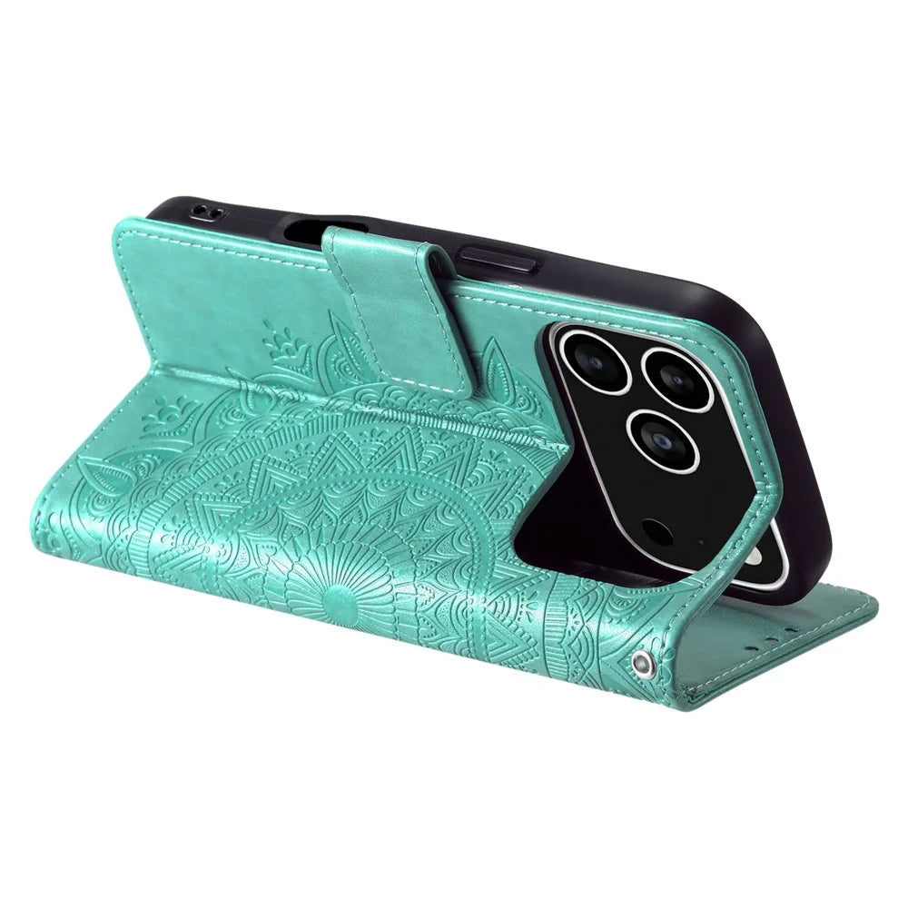 For iPhone 18 Pro / 17 Pro Stand Case Imprinted Totem PU Leather Wallet Phone Cover with Wrist Strap - Mint Green - 4