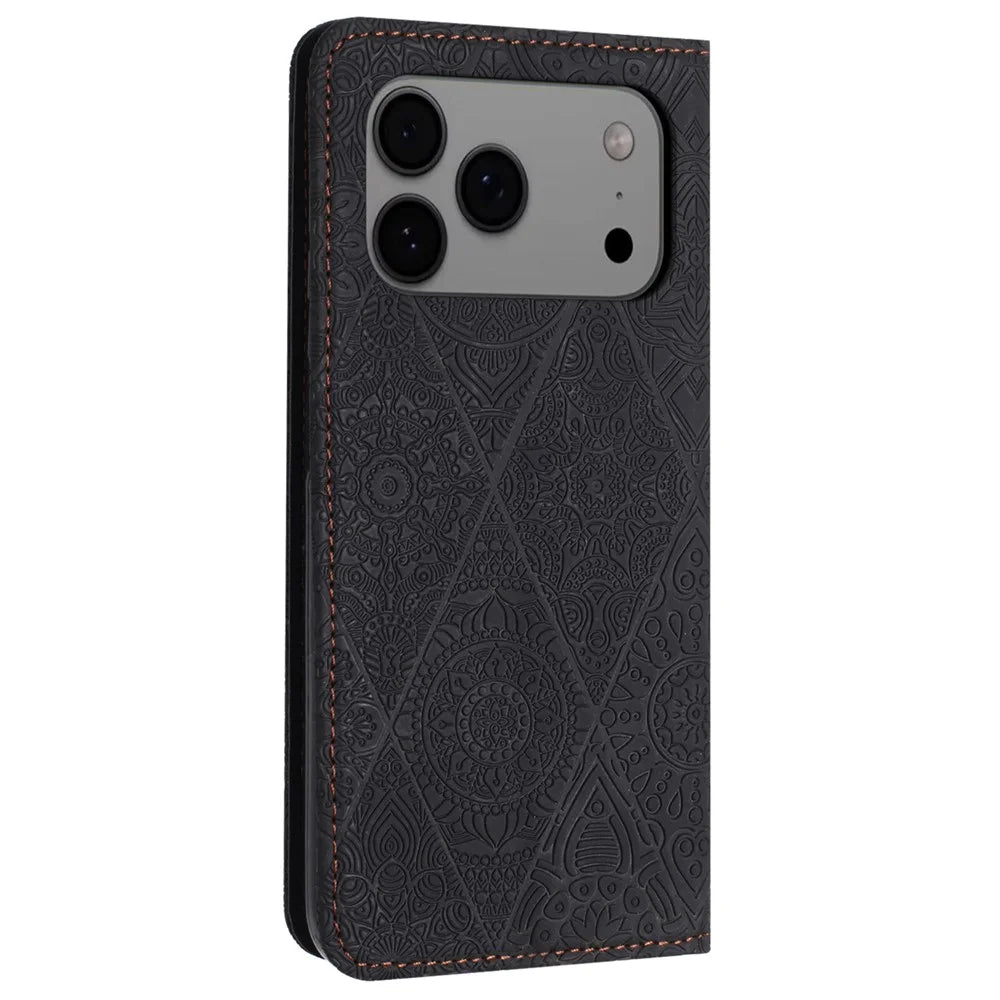 For iPhone 18 Pro / 17 Pro Case Imprinted Flower Wallet Stand Leather Phone Cover - Black - 6