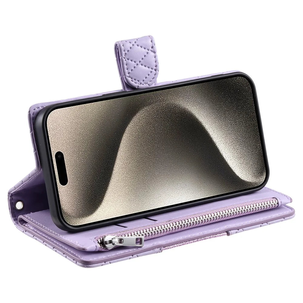 For iPhone 18 Pro / 17 Pro Case Zipper Pocket Glitter Leather Phone Cover with Wrist Strap - Purple - 3