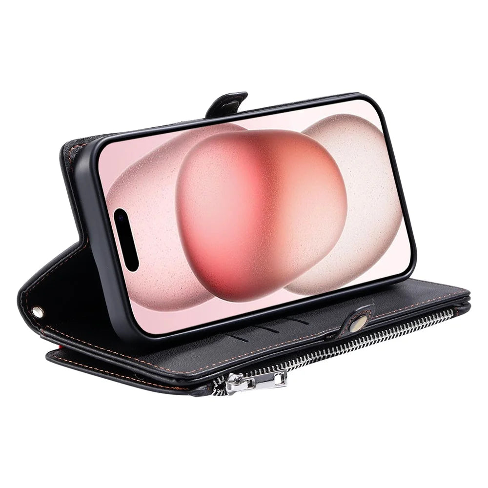 For iPhone 18 Pro Max / 17 Pro Max Case TPU + PU Leather Wallet Phone Cover with Wrist Strap - Black - 3