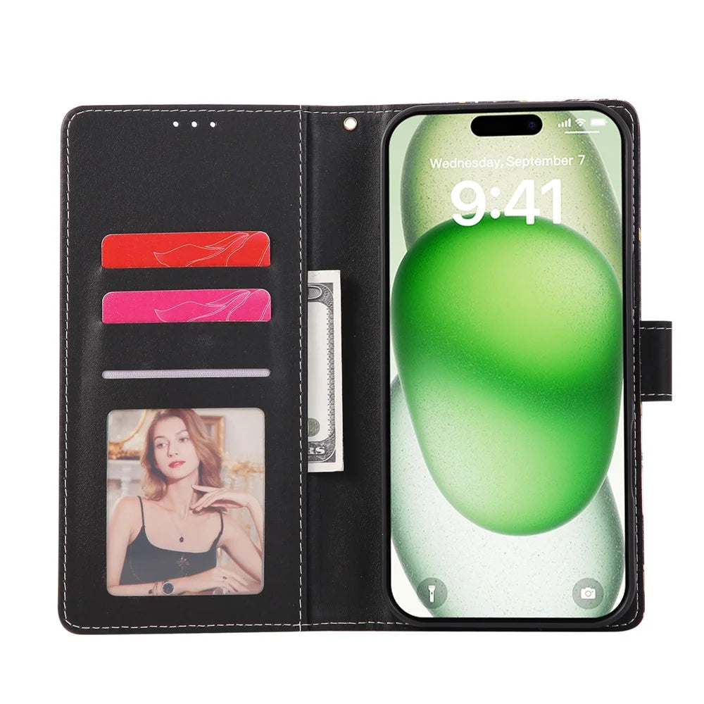 For iPhone 18 Pro / 17 Pro Case Lacquered Marble Pattern Leather Phone Cover with Wrist Strap - Black - 4